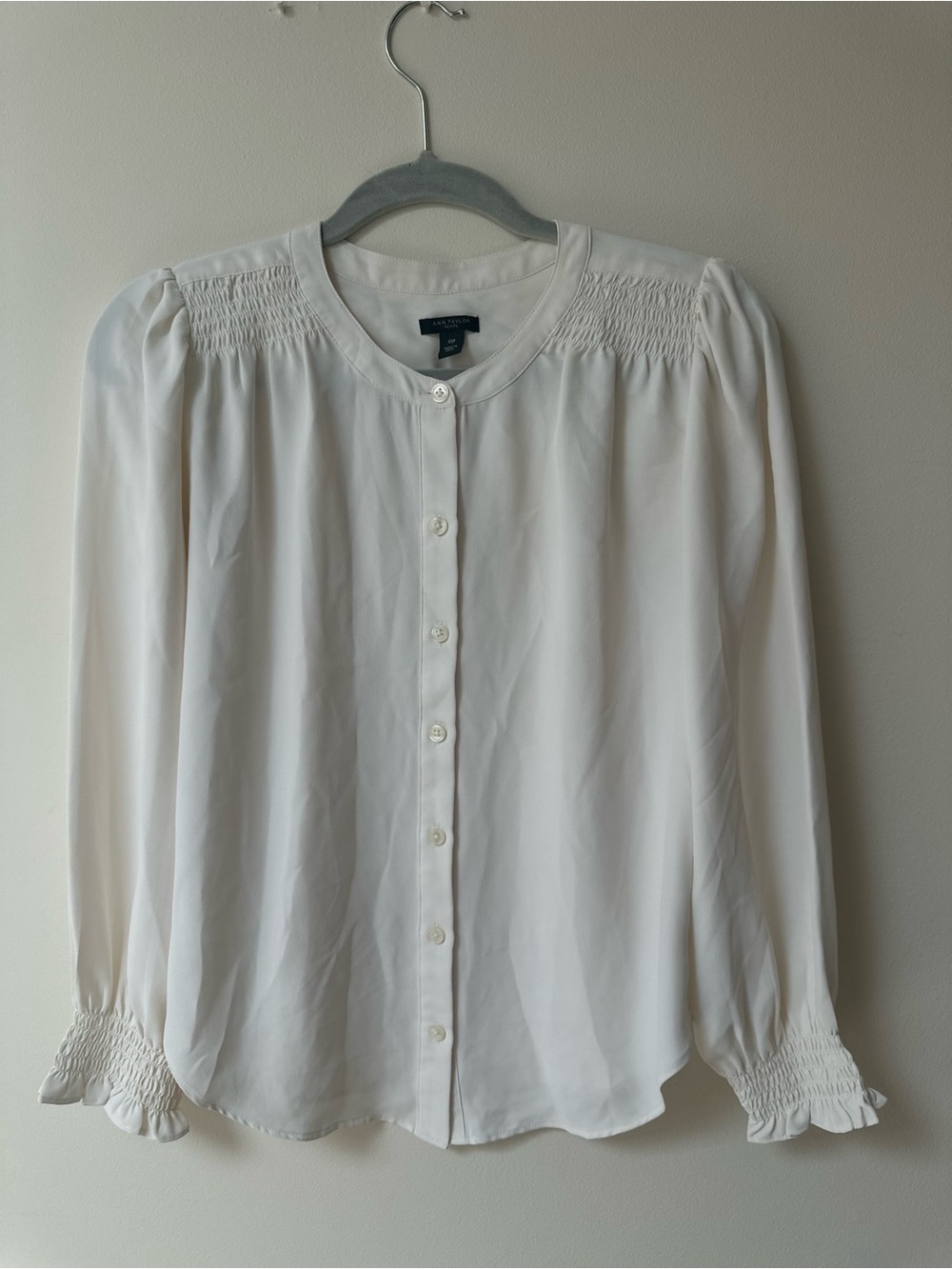 Ann Taylor Off White Women's Smocked Yoke Button-Front Blouse